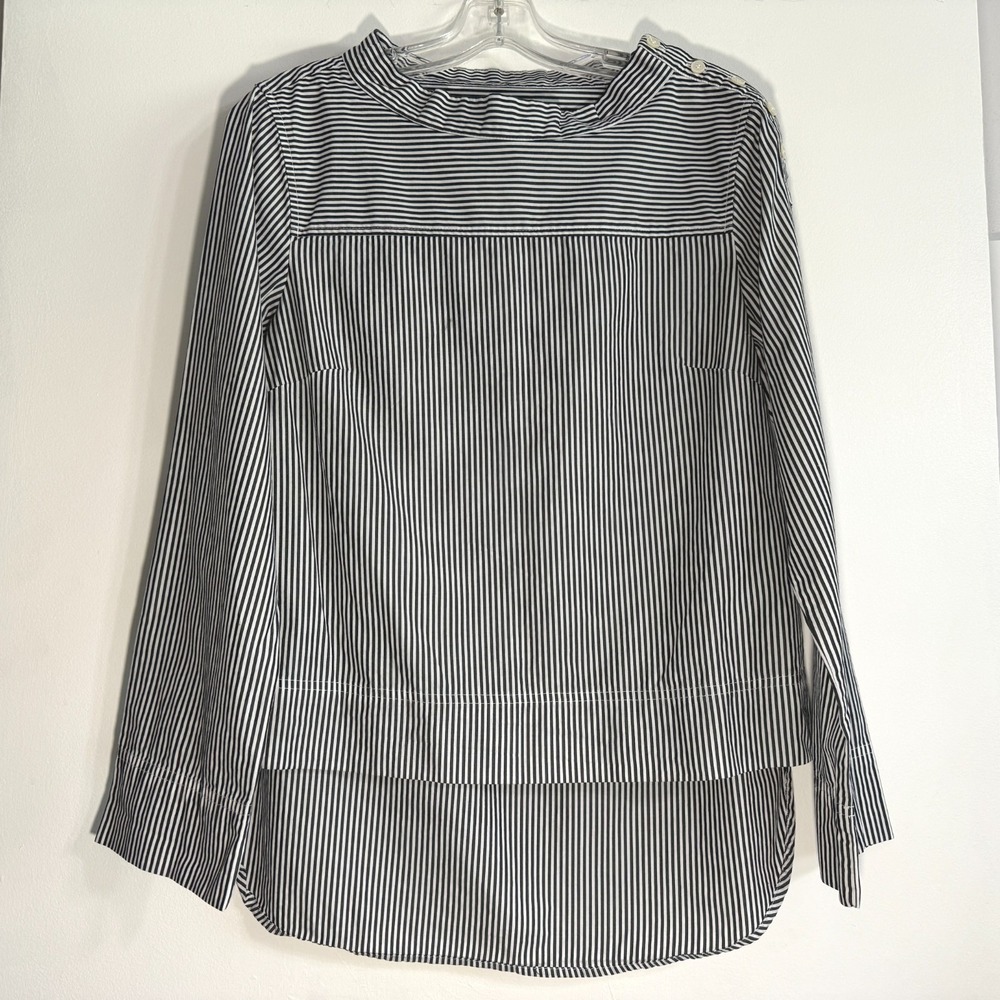 J.Crew Funnel Neck Button Shoulder Blouse Womens Size 4 Black White Cotton Top